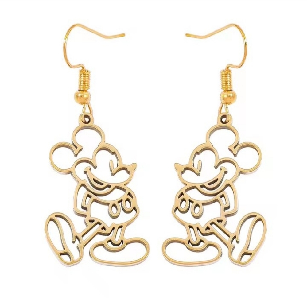 Gold Mickey Mouse Earrings Hollow‎ Dangle New f73